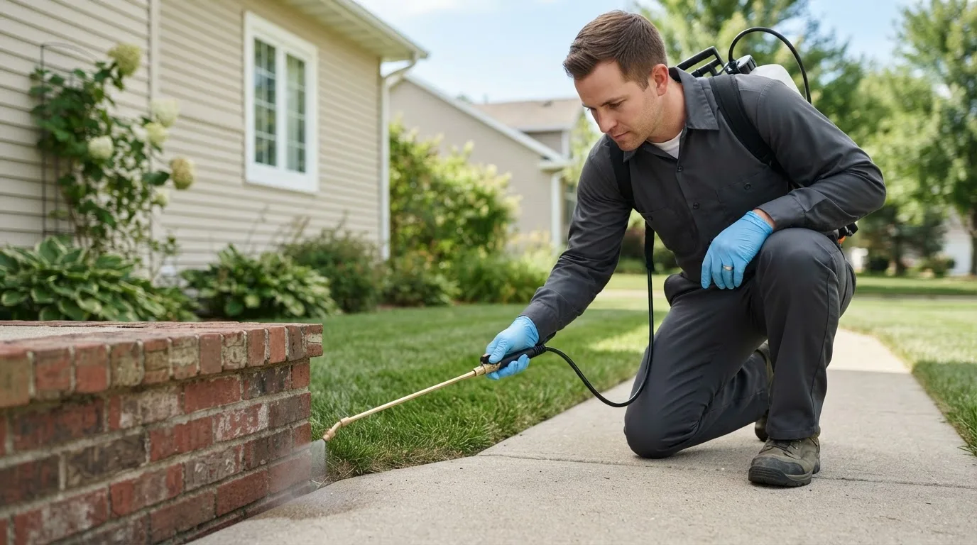 Pest control technician treating a home near Hauppauge, NY