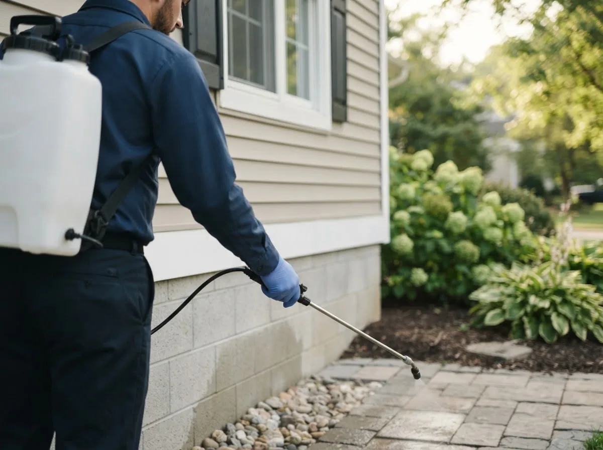 Pest control technician inspecting a home in Hauppauge, NY